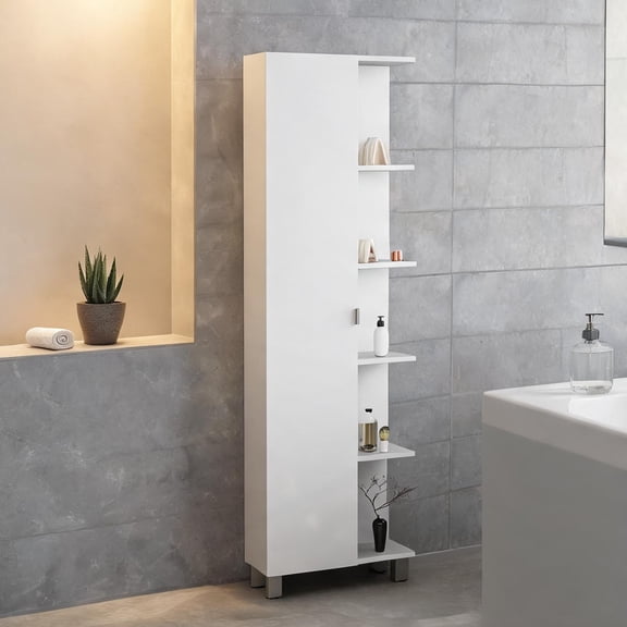 62.2-Inch Tall Corner Linen Cabinet with Louvered Door, Soft White Particle Board