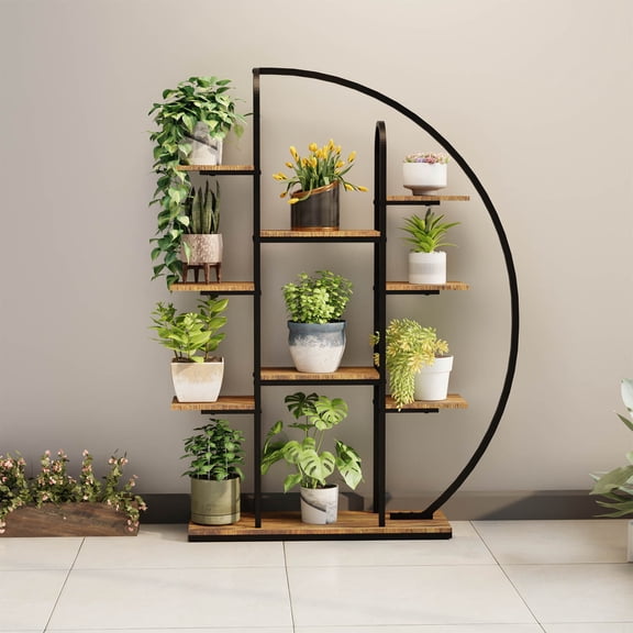 62.2 Inch Tall Metal Indoor Plant Stand with Grow Lights, 9 Tier Moon-Shaped Plant Shelf for Multiple Plants, Large Multi-Tier Flower Rack Display Holder for Living Room Balcony, Walnut+Black