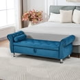 thumbnail image 1 of 62.2-Inch Velvet Storage Bench with Crystal Buttons and Pillow, Upholstered Ottoman End of Bed Bench with Safety Hinge, Bedroom Living Room Entryway Storage Seat, Blue, 1 of 7