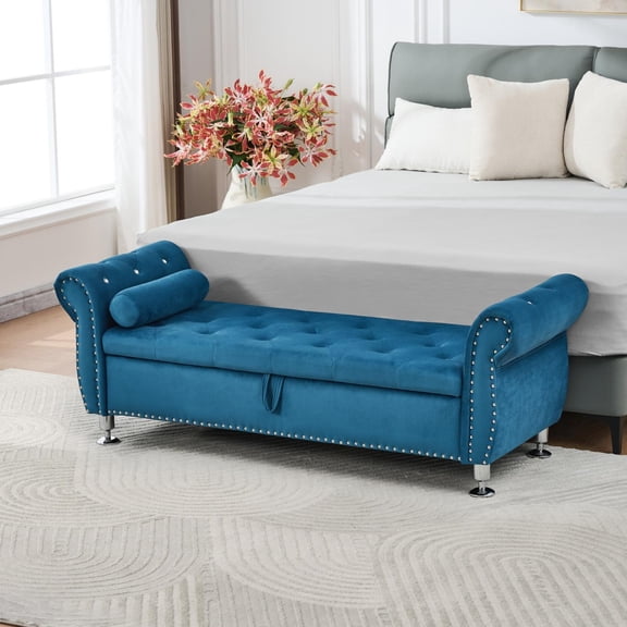 62.2-Inch Velvet Storage Bench with Crystal Buttons and Pillow, Upholstered Ottoman End of Bed Bench with Safety Hinge, Bedroom Living Room Entryway Storage Seat, Blue