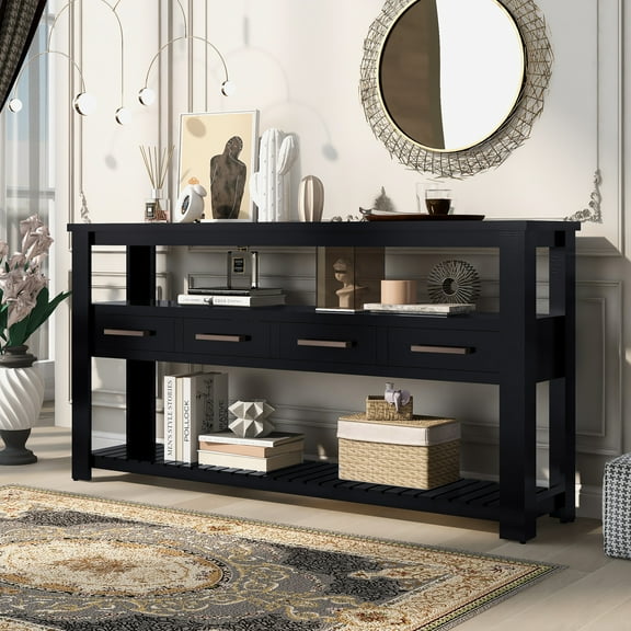62.2" Large Entryway Table with 4 Drawers, Painted Console Table with 3-Tier Open Shelves and Metal Handles, Versatile Hallway Sofa Table for Living Room, Bedroom, Foyer and Kitchen (Black)