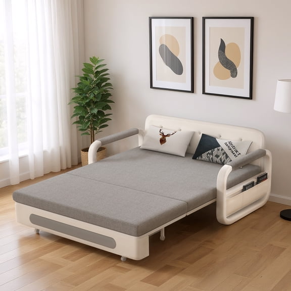 62.2" Pull-Out Sofa Daybed with Trundle – Versatile Futon Couch with Sleeper Function, Ideal for Small Spaces，Living Room，Apartment, Lounge, Gray and White Sofa Bed