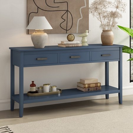 62.2'' U_STYLE Console Table: 3 Drawers, Shelf & Iron Handles