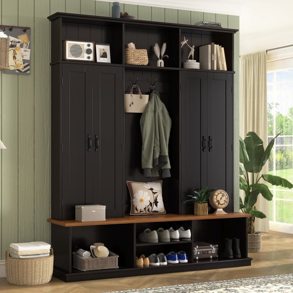 62.2''W Entryway Hall Tree with Bench, 3 Top Cubbies & Bottom Storage Space, Farmhouse Coat Rack with Hooks & Cabinets for Entryway, Hallway, Mudroom, Living Room