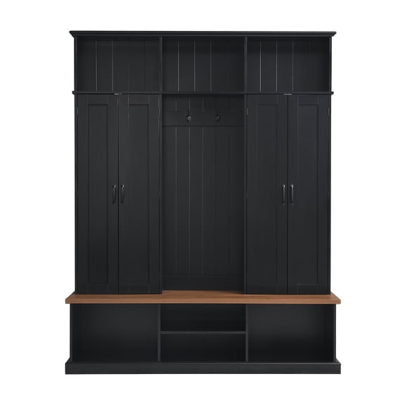 62.2" W Entryway Hall Tree with Bench, 3 Top Cubbies & Bottom Storage Space, Farmhouse Coat Rack with Hooks & Cabinets for Entryway, Hallway, Mudroom, Living Room