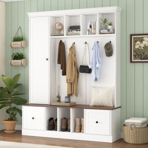 62.2''W Farmhouse Hall Tree with Shoe Storage Bench and Coat Rack, Entryway Organizer with 5 Hooks, Adjustable Shelf Cabinet and Drawers for Mudroom Hallway Living Room, White