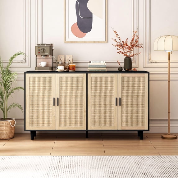 62.20"Elegant And Functional 4-Door Rattan Decorative Storage Cabinet,For Bedroom,Living Room,Office,Easy Assembly,Black