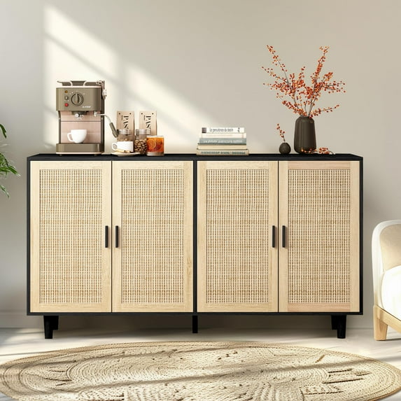 62.20" Rattan Cabinet Storage Cabinet,Buffet Storage Cabinet, Boho Accent Liquor Cabinet, 4-Door Rattan Decorative Storage Table,Rattan Buffet Cabinet for Living Room,Dining Room,Black