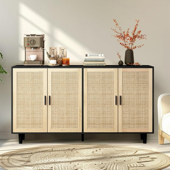 62.20" Rattan Cabinet Storage Cabinet,Buffet Storage Cabinet, Boho Accent Liquor Cabinet, 4-Door Rattan Decorative Storage Table,Rattan Buffet Cabinet for Living Room,Dining Room,Black