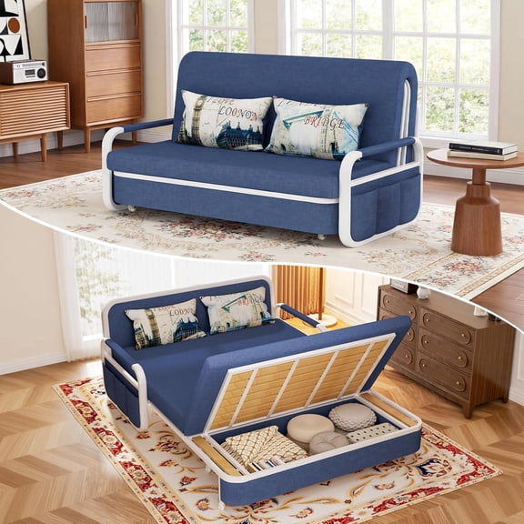 62" 3 in 1 Pull Out Sofa Bed, Full Size Convertible Sleeper Loveseat with Storage, Trundle & 2 Pillows, for Living Room/Bedroom/Dorm/Office/RV(Midnight Navy)