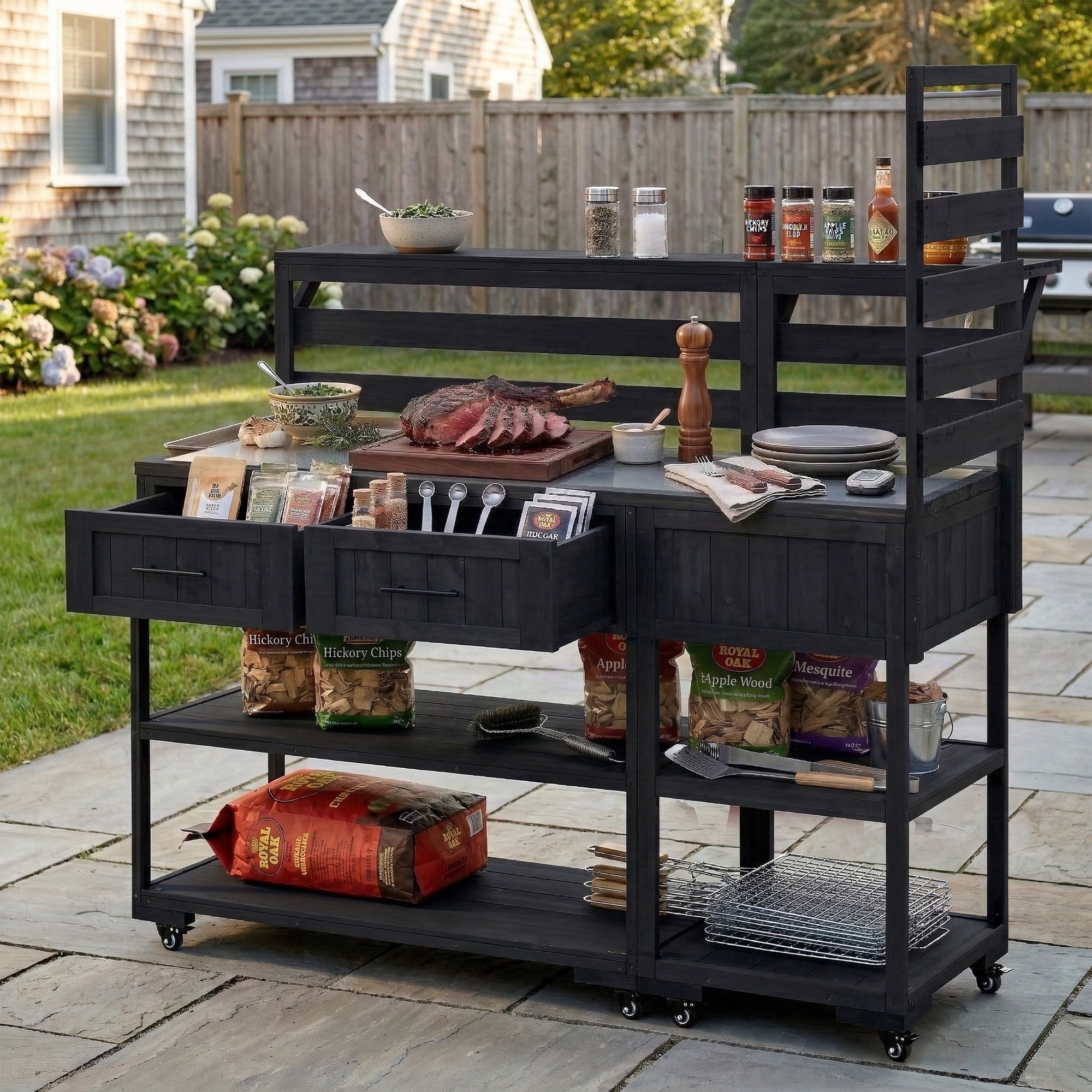 62.3" Outdoor Grill Cart with Stainless Steel Top – Solid Wood Patio Kitchen Cart, Raised Shelf, Drawers, BBQ Prep Table for Backyard, Black