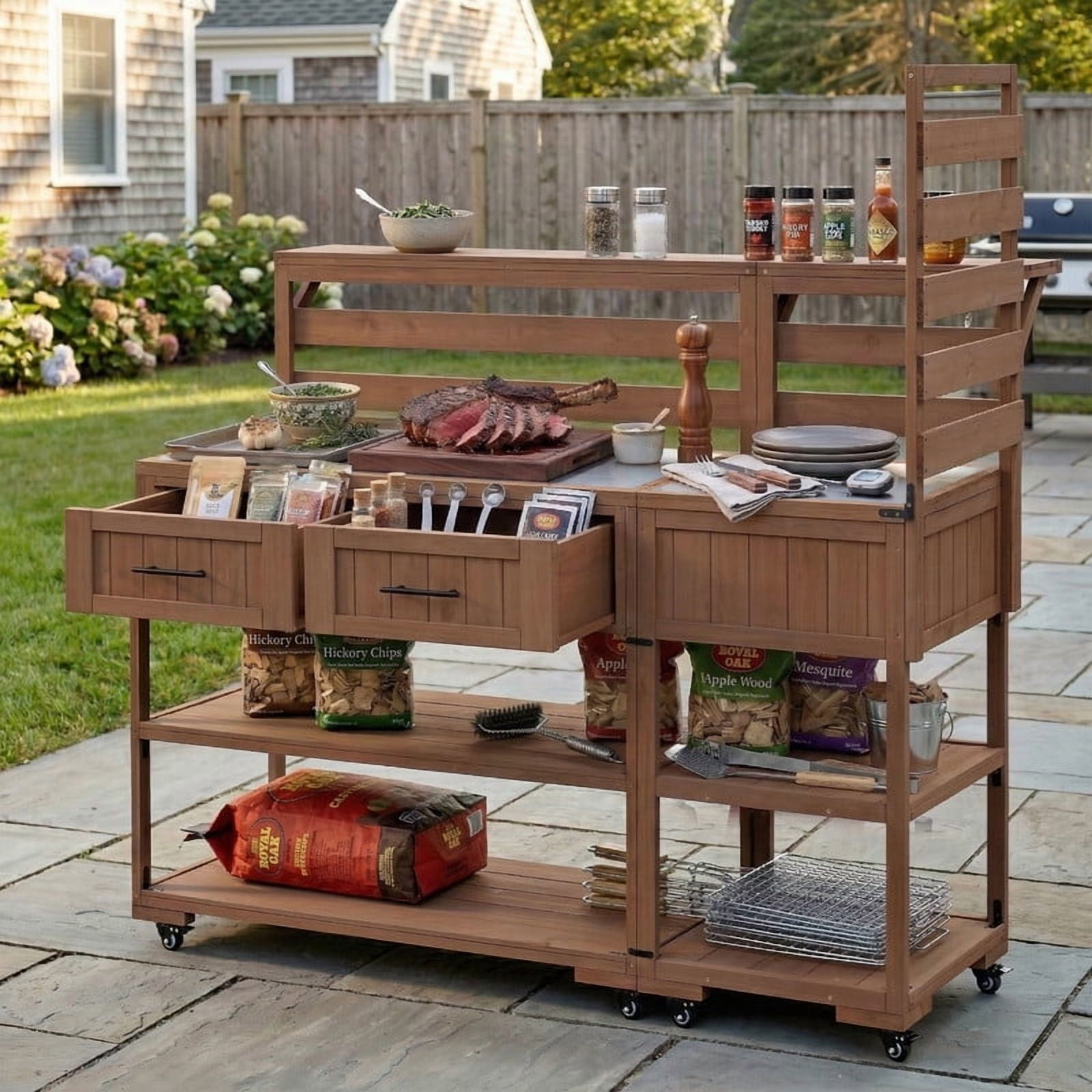 62.3''W Outdoor Kitchen Island Set of 2 with Stainless Table Top, Garden Potting Bench with Shelf and Drawers, BBQ Prep Grill Table