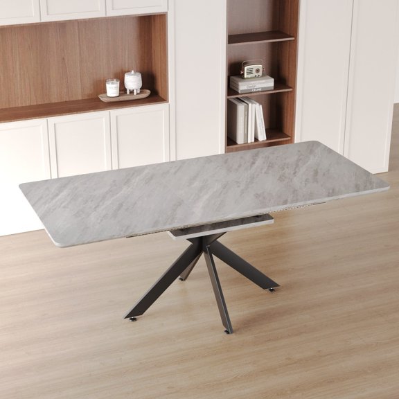 62.4 Extendable Dining Table for 8-10 People, Grey MDF Mid-Century Modern Kitchen Table with Black X Legs, Space Saving Conference Table for Dining Room
