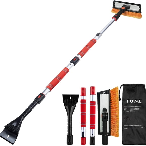 62.4" Extendable Ice Scraper Snow Brush with Squeegee for Windshield Window Car Trucks SUVs, 270 Pivoting Brush Head, Essential Winter Tool Ice Snow Remover with Comfortable Foam Grip