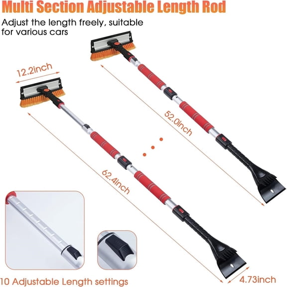 62.4" Extendable Ice Scraper Snow Brush with Squeegee for Windshield Window Car Trucks SUVs, 270 Pivoting Brush Head, Essential Winter Tool Ice Snow Remover with Comfortable Foam Grip