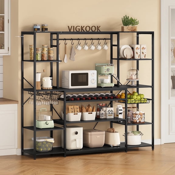 Weiplehoom 62.4" Wide Large Bakers Rack with Power Outlet, 5-Tier Kitchen Microwave Stand & Coffee Bar with Storag Shelves, Wine Rack, Goblet Holder, 8 Hooks, Wire Basket, Black
