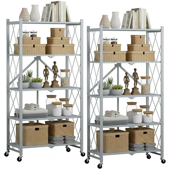 62.5" H Tall Foldable Metal Shelves with Wheels, 5-Tier Rolling Storage Rack for Kitchen Pantry Basement, Heavy Duty Collapsible Shelving Unit, Gray-2pack