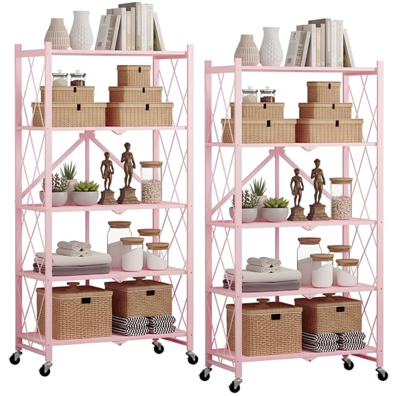 62.5" H Tall Foldable Metal Shelves with Wheels, 5-Tier Rolling Storage Rack for Kitchen Pantry Basement, Heavy Duty Collapsible Shelving Unit, Pink-2pack