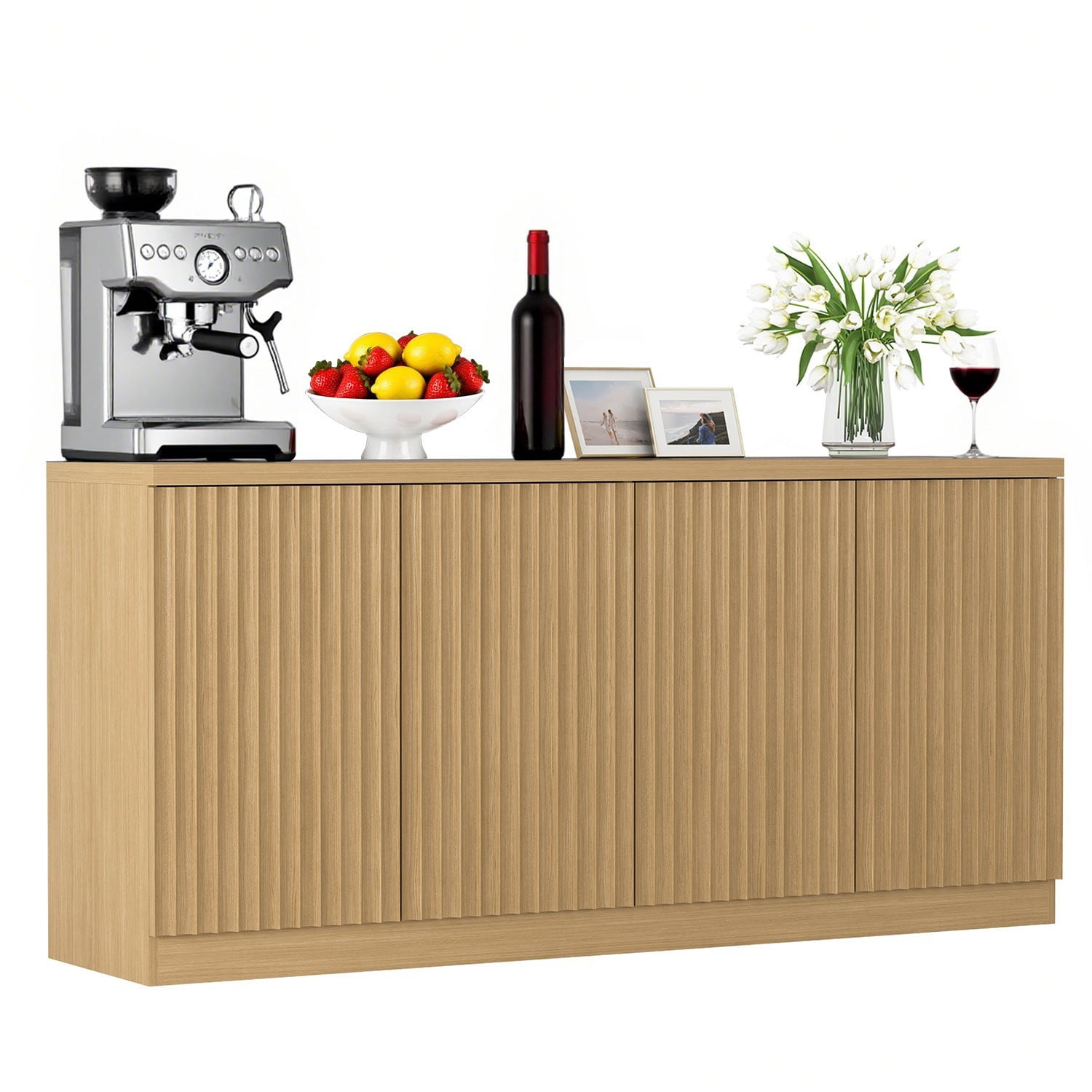 62.6" Buffet Cabinet with Storage, 4 Door Sideboard Cabinet with Shelves, Wooden Coffee Bar Cabinet Credenza Console Table for Kitchen Dining Room Living Room, Natural