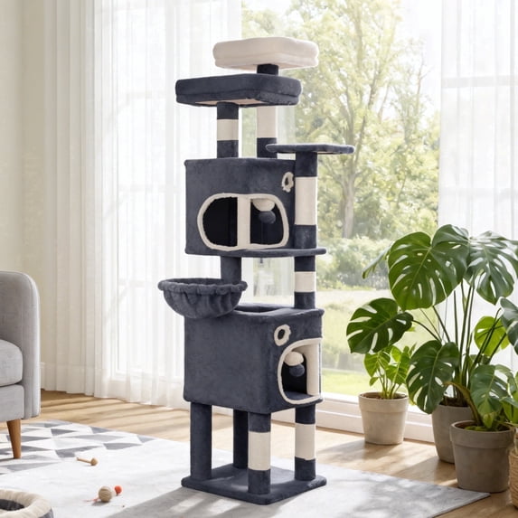 Cat Tree, 62.6‑Inch Tall Multi‑Level Cat Tower for Indoor Cats with Scratching Posts, Platforms, Cat Caves and Basket, Dark Gray