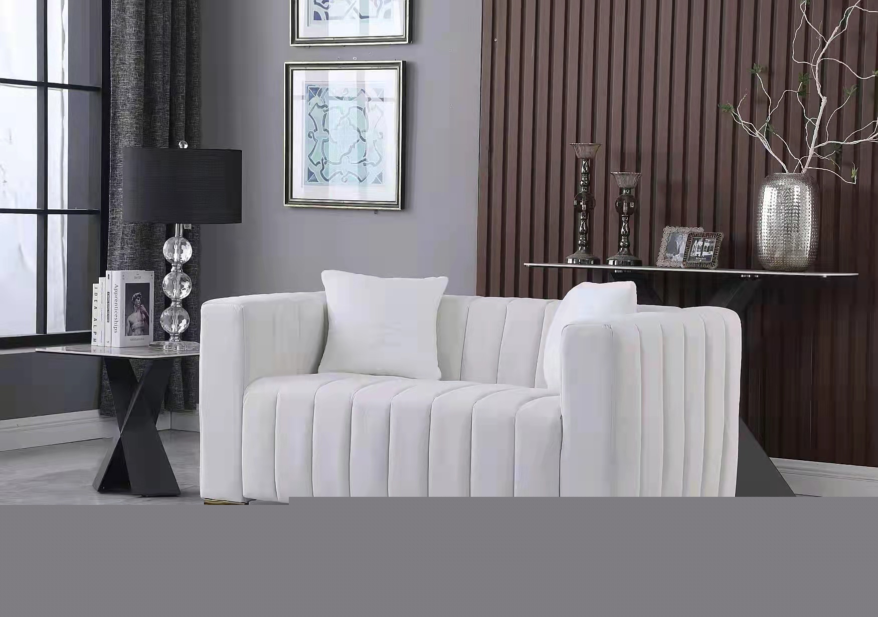 thumbnail image 1 of 62.6" Chesterfield Sofa, Modern Velvet Channel Tufted Upholstered Loveseat Couch with 2 Toss Pillows and Armrest 3 Seater Sofa with Metal Legs Accent Sofa for Living Room Office Apartment, White, 1 of 3