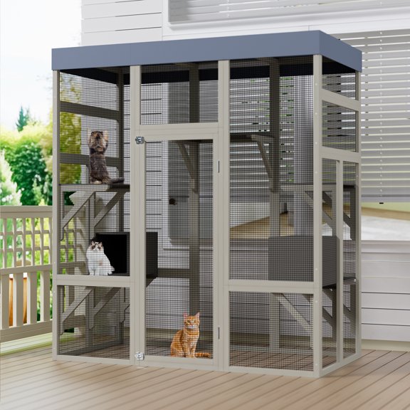 62.6" Gray Wooden Outdoor Catio Enclosure with Waterproof Top, Spacious Cat House & Small Animal Cage, Black Rust-Proof Metal Wire, Multi-Level Platforms for Safe Outdoor Play