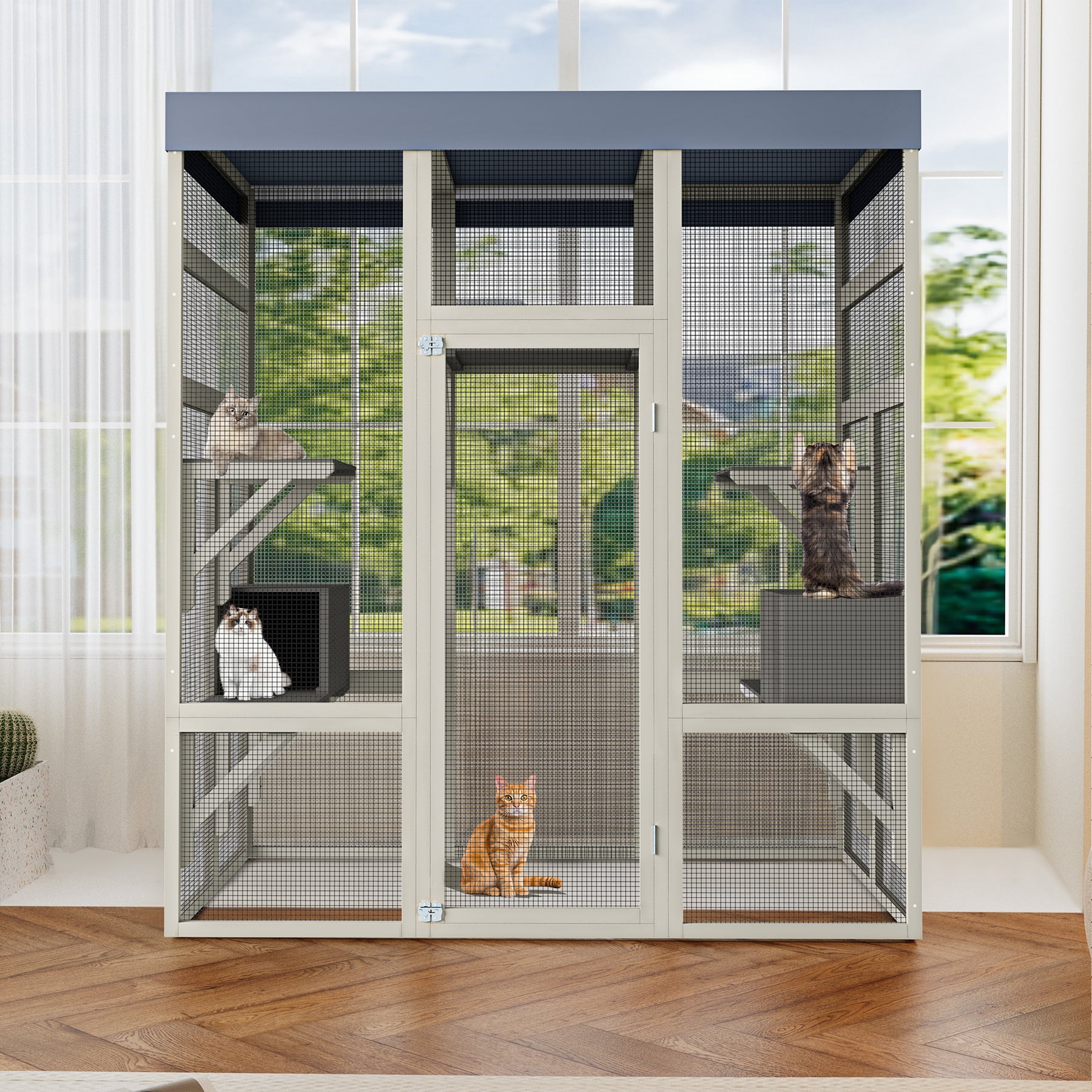 62.6" Gray Wooden Outdoor Catio Enclosure with Waterproof Top, Spacious Cat House & Small Animal Cage, Black Rust-Proof Metal Wire, Multi-Level Platforms for Safe Outdoor Play