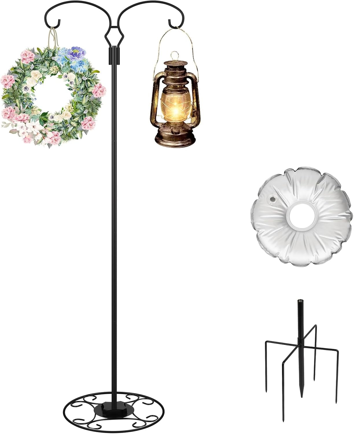 62.6 Inch Shepherds Hooks for Outdoor, Adjustbale Double Shepherds Hooks Hummingbird Feeder Stand Bird Feeder Pole Wind Chime Stand with Round Base, 4 Prongs Base and Water Weight Bag