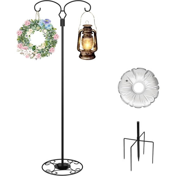 62.6 Inch Shepherds Hooks for Outdoor, Adjustbale Double Shepherds Hooks Hummingbird Feeder Stand Bird Feeder Pole Wind Chime Stand with Round Base, 4 Prongs Base and Water Weight Bag