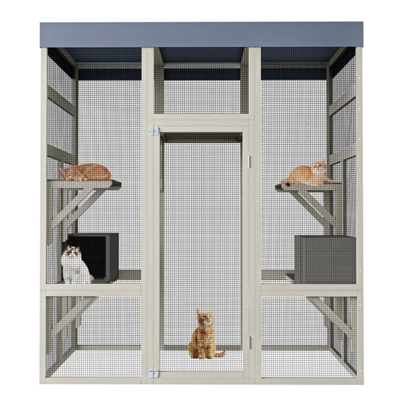62.6 Inch Solid Wood Outdoor Catio Cat Enclosure, Large Cat Play Cage with Removable Waterproof Roof, 2 Private Napping Houses & Multi Climbing Platforms, Galvanized Anti-Bite Wire Mesh Cat Patio Hou