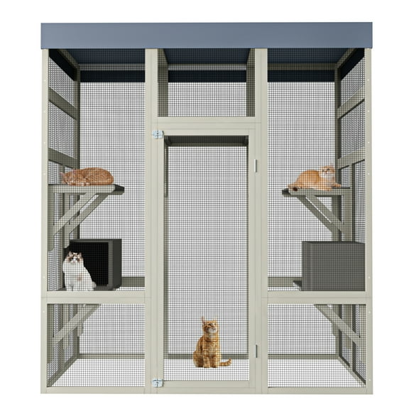 62.6" Outdoor Cat Catio Enclosure, Large Wooden Catio for Multiple Cats, 2 Cat Houses & Platforms, Rust-Proof Pet Cage for Backyard or Patio