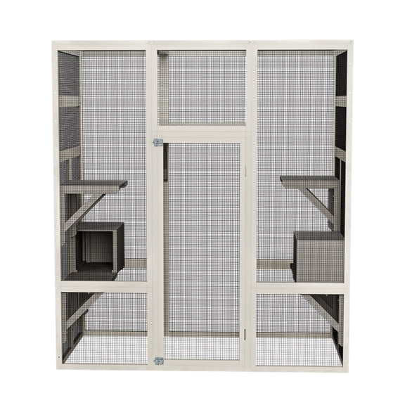 62.6" Outdoor Solid Wood Cat Enclosure Playpen, 5-Tier Large Wooden Cat House with 7 Jumping Platforms & 2 Private Napping Cubbies, Transparent Waterproof UV Roof, Rust-Proof Wire Mesh Outdoor Cat Ca