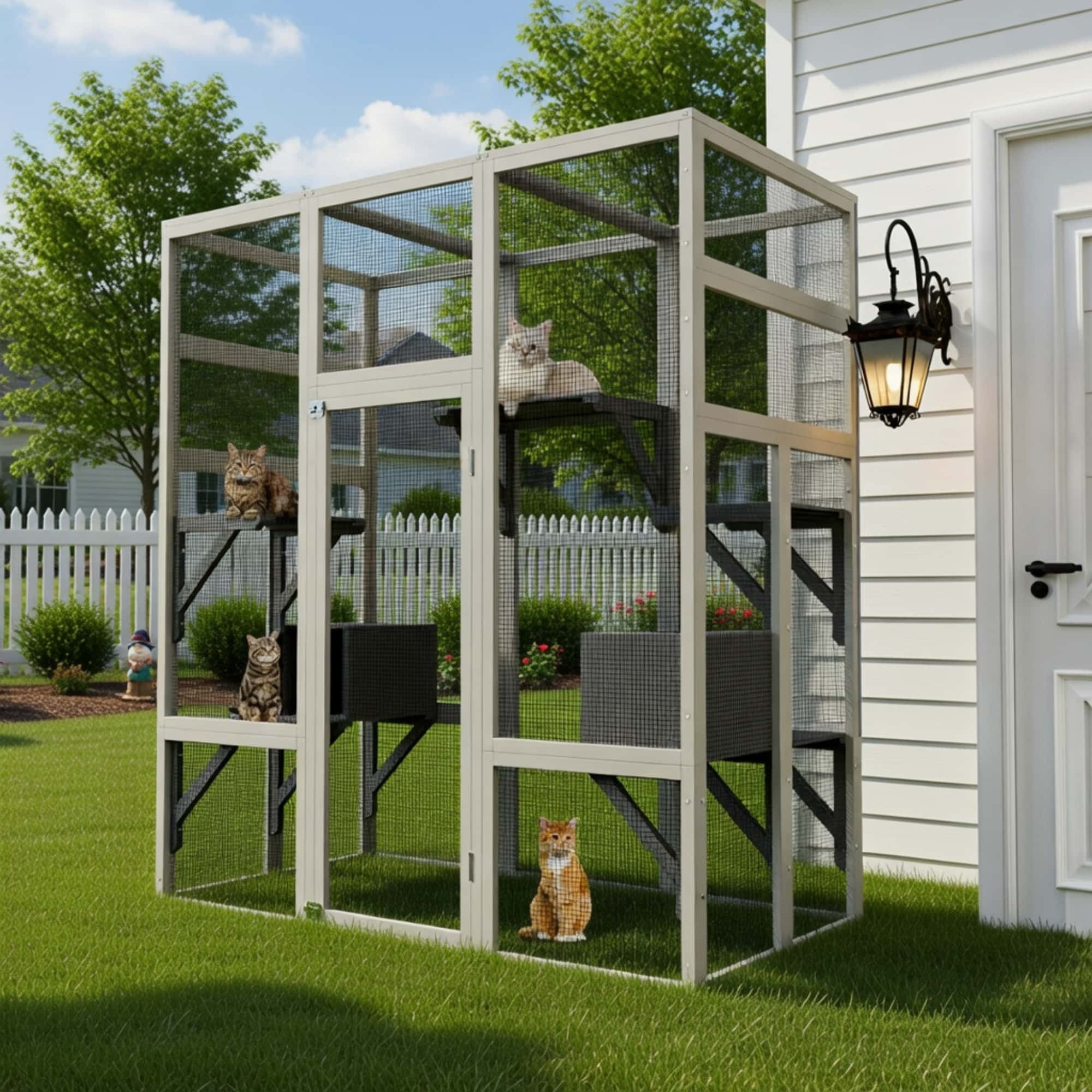 62.6" Outdoor Wooden Cat House Large Catio, Solid Wood Cat Cage Shelter Enclosure with Anti-UV & Waterproof Roof, 5 Platforms & 2 Resting Boxes, Gray