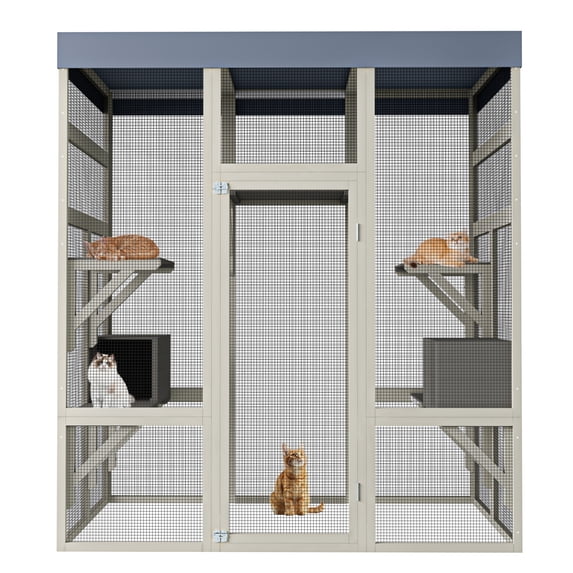 2-Story Outdoor Wooden Catio for Cats with Waterproof Roof & Secure Rust-Proof Wire, Large for Patio or Backyard