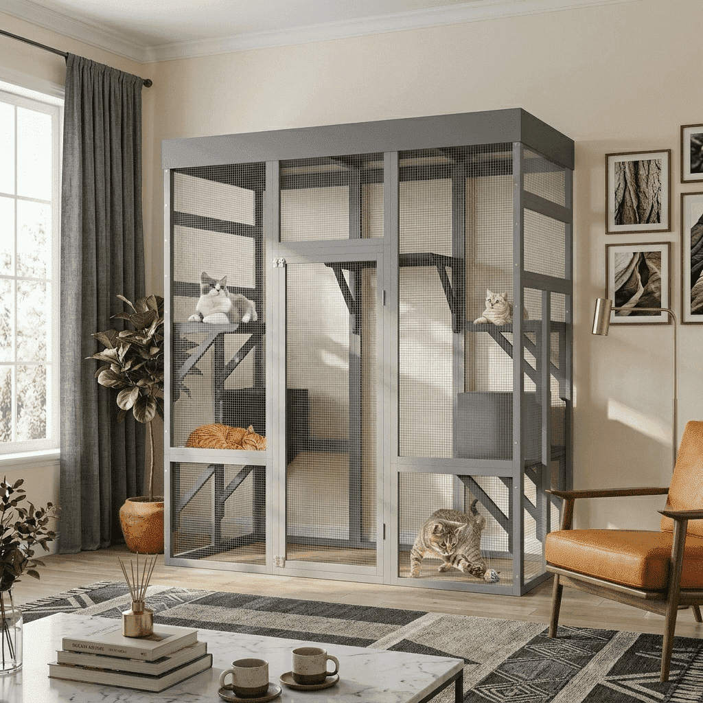 Catio Outdoor Cat Enclosure, large Indoor Wooden 70" Cat House cage with Waterproof Roof & Window Door for Multiple Cats, 2 Napping Houses & 6-Tier Playing Platforms, Gray