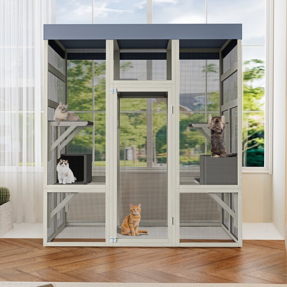 62.6" Wooden Catio for Cats, Large Cat Enclosure with Waterproof Cover, 2 Napping Houses, Platforms & Galvanized Wire, Secure Outdoor Pet Cage Shelter, Gray