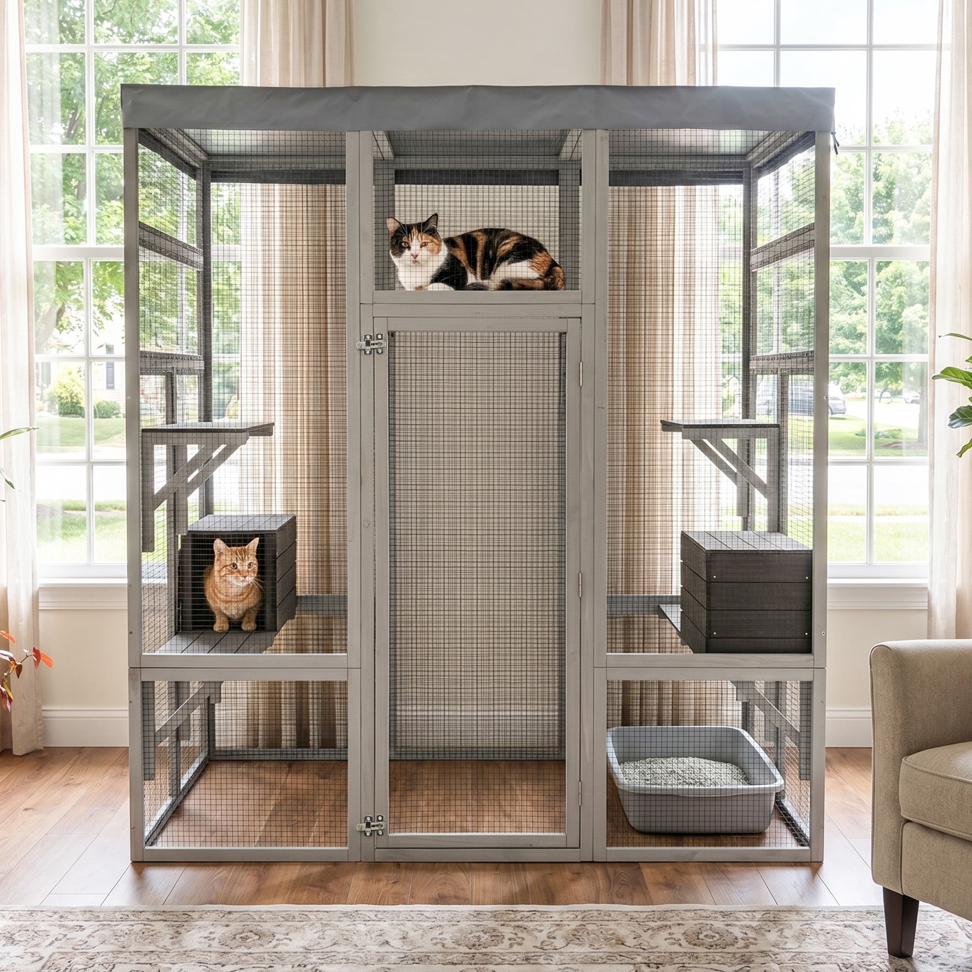62.6" Wooden Catio, Large Cat Enclosure with Waterproof Cover, 2 Napping Houses, Multi-Platforms & Galvanized Metal Wire – Secure Outdoor Pet Cage Shelter