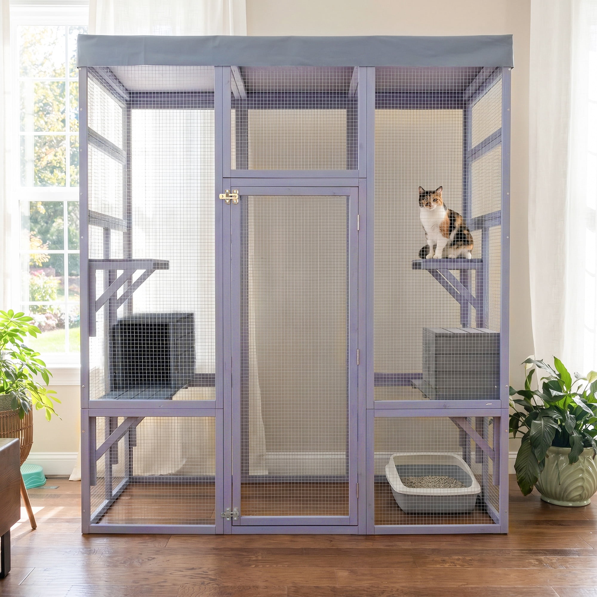 62.6" Wooden Catio, Large Cat Enclosure with Waterproof Cover, 2 Napping Houses, Multi-Platforms & Galvanized Metal Wire – Secure Outdoor Pet Cage Shelter