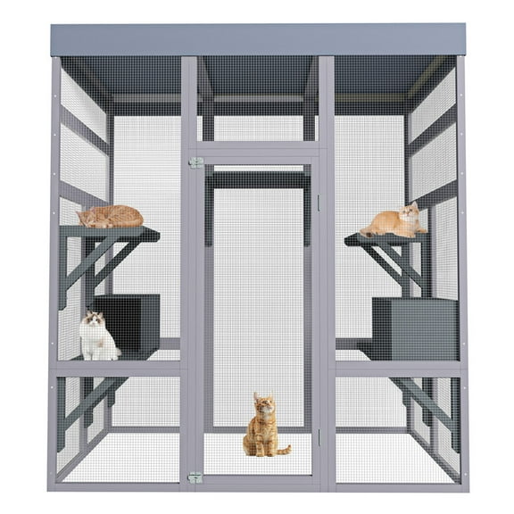 62.6" Wooden Outdoor Catio for Cats, Large Cat Enclosure with Waterproof Roof, 2 Napping House, Platforms & Rust-Proof Wire – Secure Pet Cage for Backyard or Patio