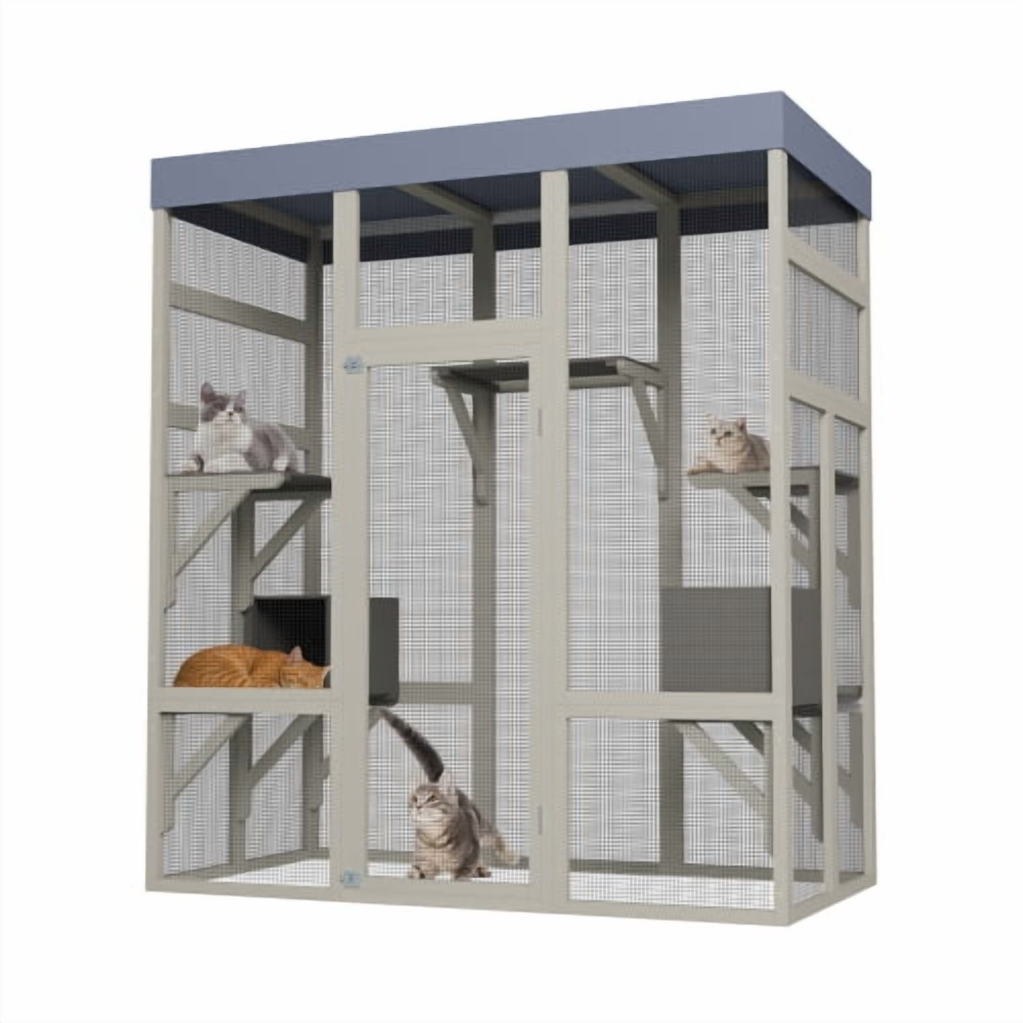 62.6" Wooden Outdoor Catio for Cats, Large Cat Enclosure with Waterproof Roof, 2 Napping House, Platforms & Rust-Proof Wire – Secure Pet Cage for Backyard or Patio