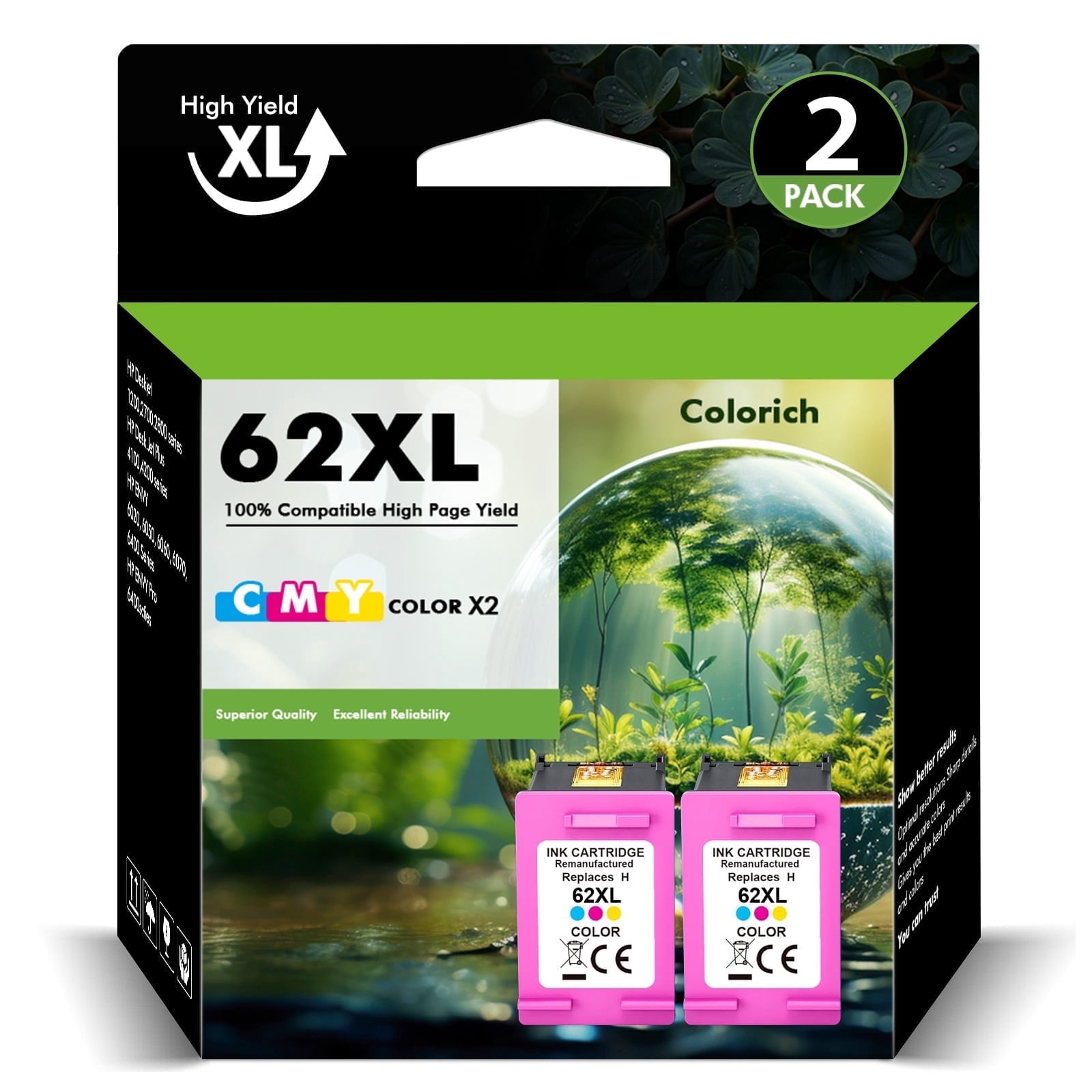 62 62XL Ink Cartridges Compatible for 62XL 62 2 Pack Tri-color Ink for ...