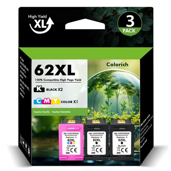 62 62XL Ink Cartridges Compatible for HP 62XL 62 3 Pack for Envy 5540 5640 5660 7644 5740 5741 8000 OfficeJet 200 250 (2 x Black,Tri-color)