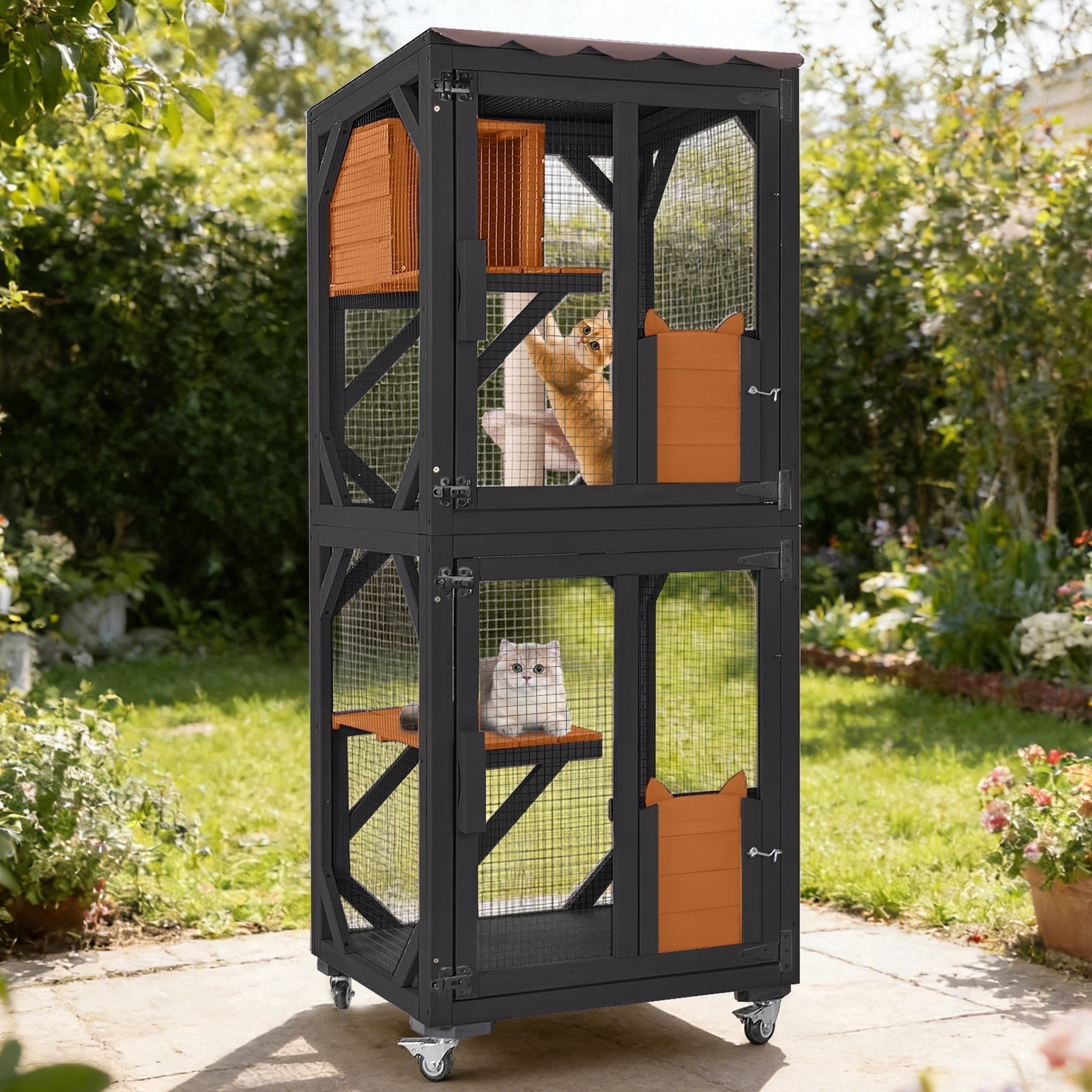 62.8" Catio Outdoor Cat Enclosure, Mobile Catio Enclosure Indoor On Wheels with Scratch Post, Hammock, Resting Box, Platform, Tarp Roof, Black