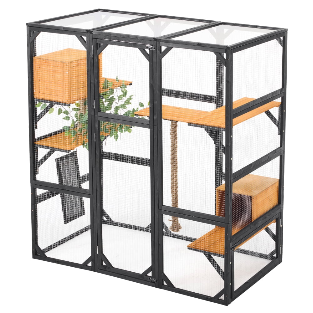 62.8" Outdoor Walk-In Cat Enclosure, Black Brown Wooden Catio with Platforms and Condos