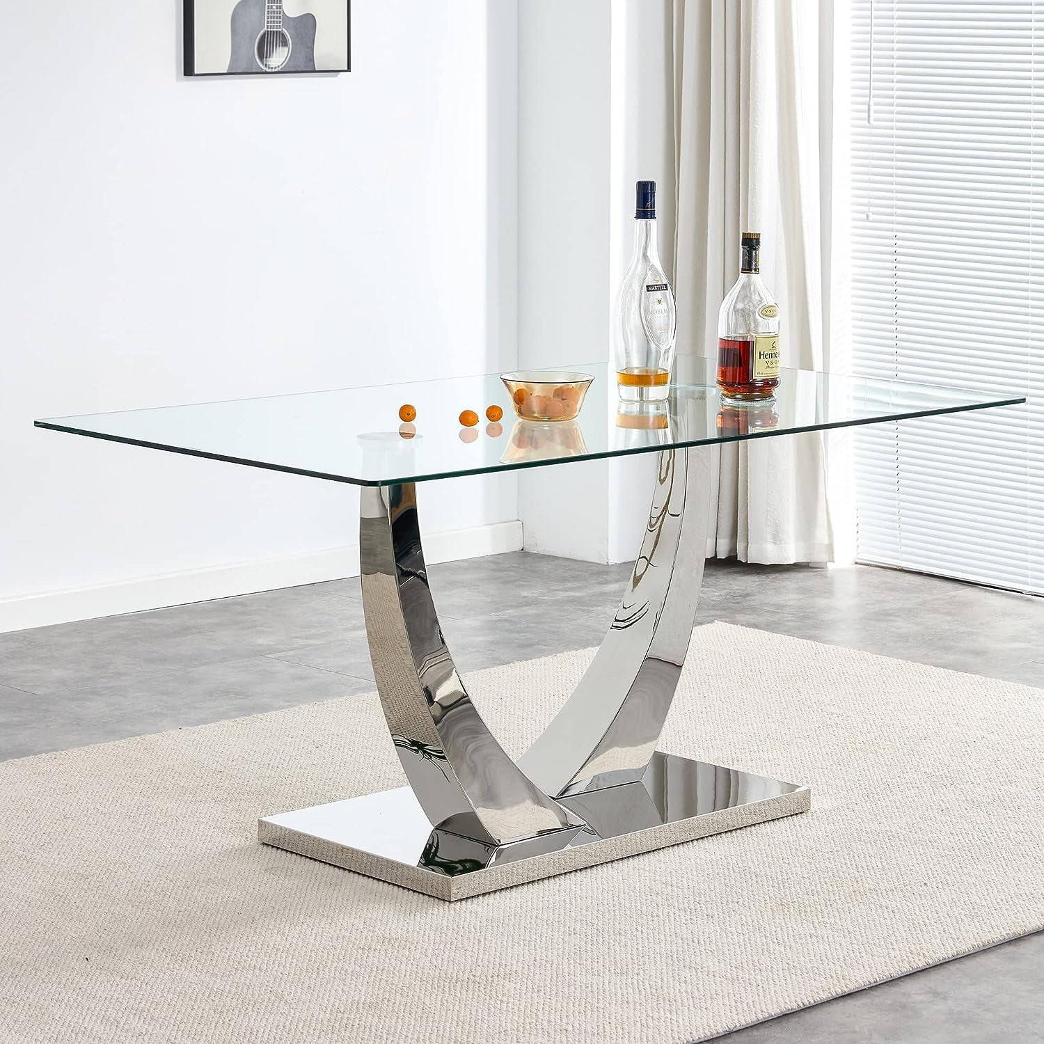 WLVOS 62.8" Rectangular Tempered Glass Dining Table, Silver