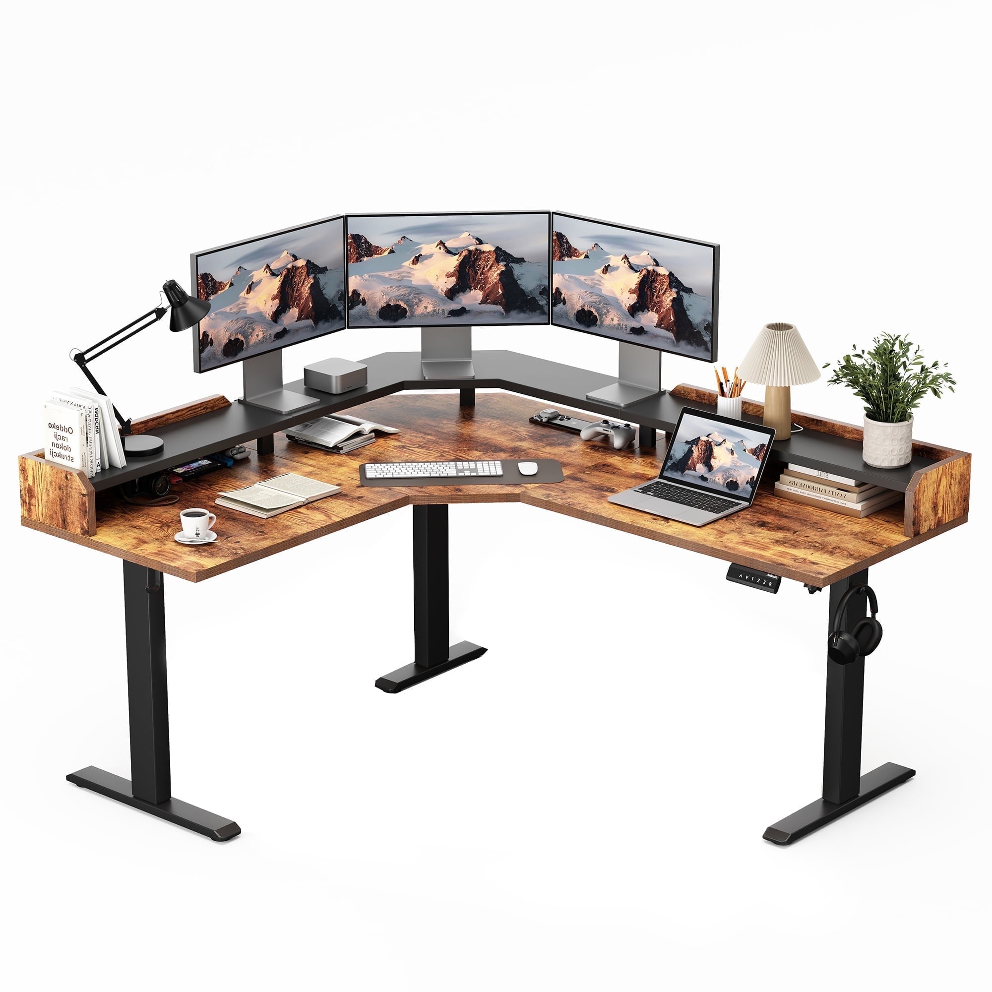 62.9" Electric Height Adjustable L Shaped Standing Desk with Monitor Shelf, Computer Desk with Storage,Sit Stand Corner Desk for Home Office Workstations,Rustic Brown