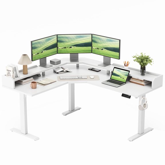 62.9" Electric Height Adjustable L Shaped Standing Desk with Monitor Shelf, Computer Desk with Storage,Sit Stand Corner Desk for Home Office Workstations,White
