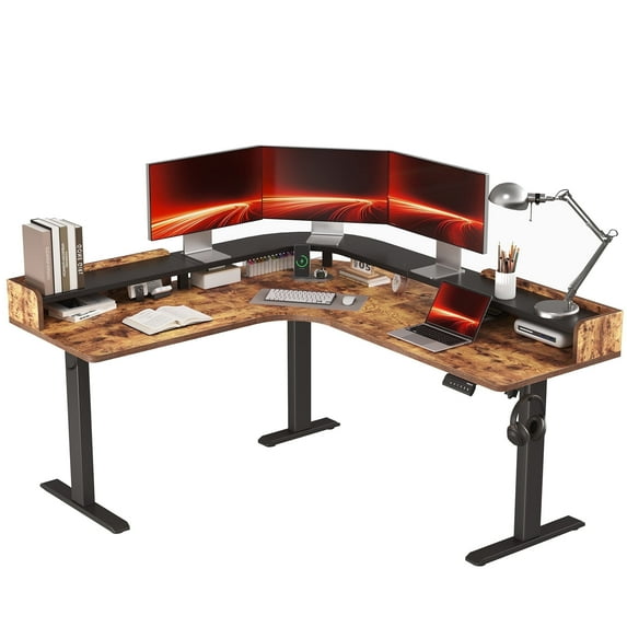 62.9" Electric L Shaped Standing Desk ,Adjustable Height Corner Desk with Monitor Shelf, Sit Stand Table for Home Office Computer Workstations,Splice Board,Rustic Brown