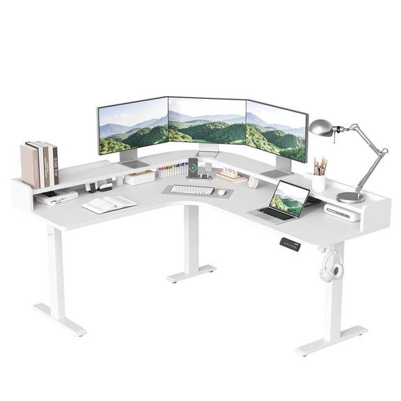 62.9" Electric L Shaped Standing Desk ,Adjustable Height Corner Desk with Monitor Shelf, Sit Stand Table for Home Office Computer Workstations,Splice Board,White