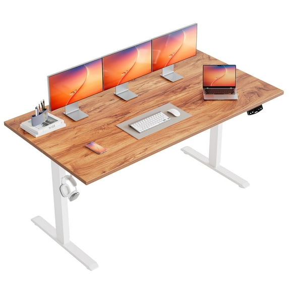 62.9 Inch Electric Height Adjustable Standing Desk, Ergonomic Home Office Desk with Memory Preset, Sit to Stand Computer Desk with Hooks, Light Rustic Brown